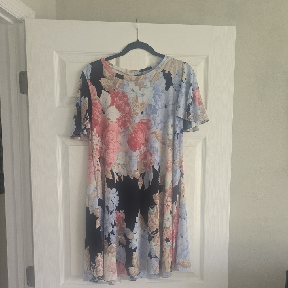 Honeyme Black Floral Swing Dress with Pink, Blue and Cream Blooms